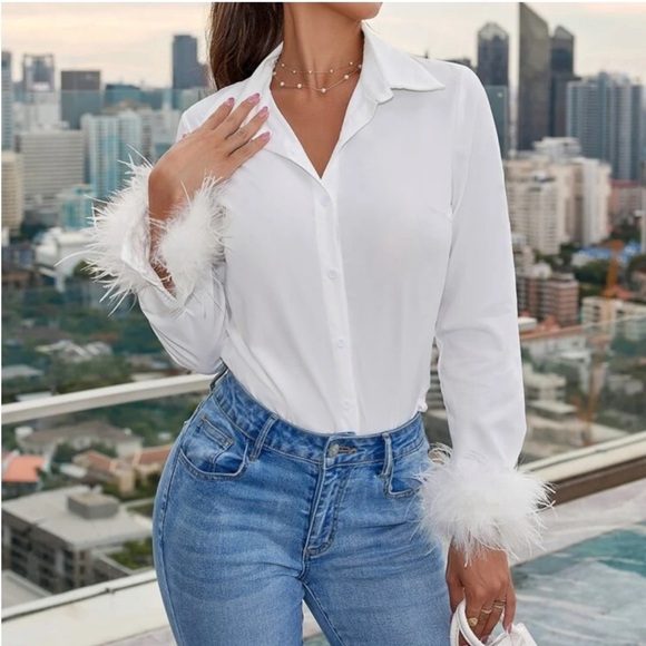 White Feather cuff sleeve button up collared shirt blouse - Picture 2 of 5